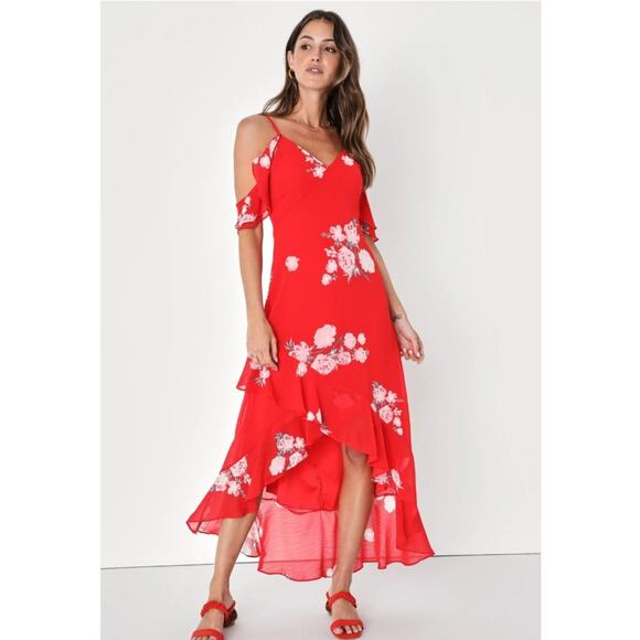 Lulus Dresses & Skirts - Lulus Love in Bloom Red Floral Print Off the Shoulder High Low Dress Size S New